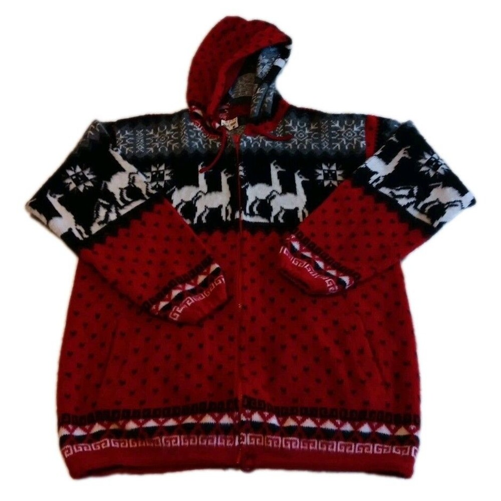Andes Alpaca Wool M  Full Zip Hooded Sweater Multicolor Llama Print L- XL